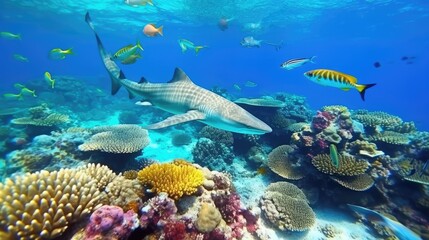 Group of colorful fish and sea animals with colorful coral. Reef with a variety of hard and soft corals and tropical fish. Tropical vacation. Generative AI