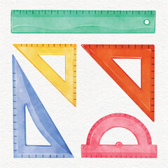 multicolored school rulers set isolated on white background. hand drawn watercolor rulers collection. Protractor, rulers, triangular rulers with scale