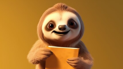 Cute cartoon sloth holding a blank sign. Created with Generative AI.