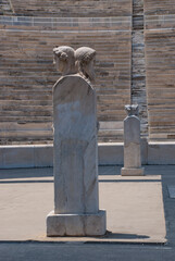 Athens, Greece / April 2025: The Hermes columns at The Panathenaic stadium, Kallimarmaro