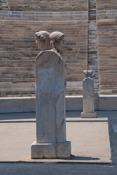 Athens, Greece / April 2025: The Hermes columns at The Panathenaic stadium, Kallimarmaro