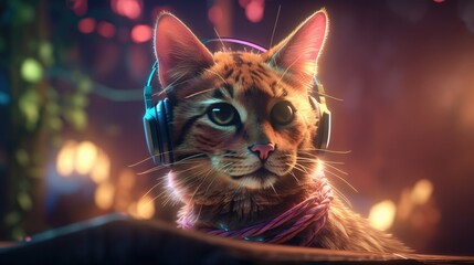 cat with music headphones. Created with Generative AI.