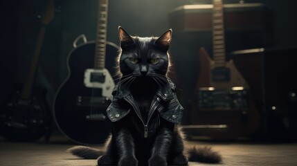 cute cat in punk rock style. Generative AI.