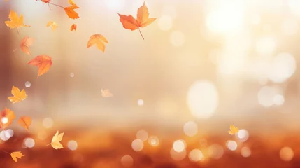 Fotobehang Unscharfer Hintergrund goldener Herbst mit fallenden Blättern mit Platz für Text oder Produkt © Karat