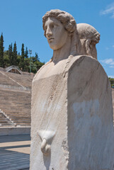 Athens, Greece / April 2025: The Hermes columns at The Panathenaic stadium, Kallimarmaro