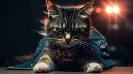 cute cat in punk rock style. Generative AI.