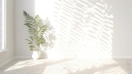 A pot with a plant on a white wall background. The shadow of a flower on a white wall. Generative AI
