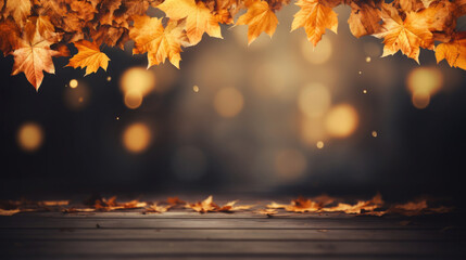 Naklejka na ściany i meble Unscharfer Hintergrund goldener Herbst mit fallenden Blättern mit Platz für Text oder Produkt