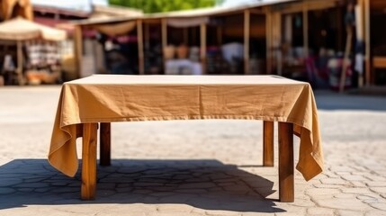A wooden table against the background of the local market. Local outdoor market, craft fair, farmer's market, empty old wooden table. Generative AI