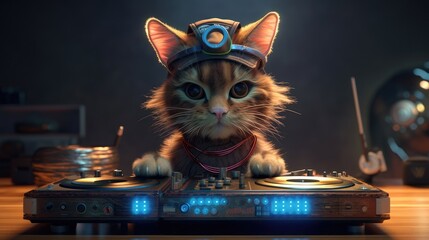Cute dj cat with dj console. Created with Generative AI.