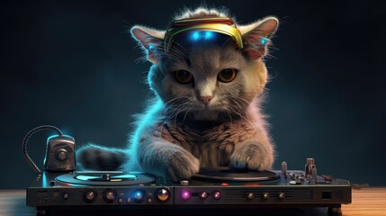 Cute dj cat with dj console. Created with Generative AI.