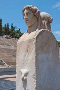 Athens, Greece / April 2025: The Hermes columns at The Panathenaic stadium, Kallimarmaro