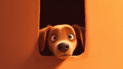 puppy peeking through a hole in the wall. Created with Generative AI.