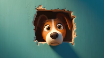 puppy peeking through a hole in the wall. Created with Generative AI.