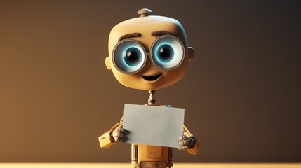 Cute happy robot cartoon holding a blank sign. Created with Generative AI.
