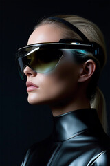 A beautiful athletic girl with a VR headset and a black latex suit, immersed in virtual reality and using augmented reality technology. Generative AI. 