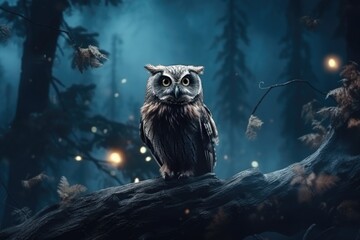 An owl is sitting on a branch in the woods. Generative AI.