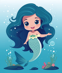 Cute and pretty little mermaid with blue hair, cartoon illustration style