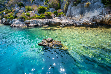 Ancient ruins underwater on the shores of Kekova Island. Antalya, Turkey.
