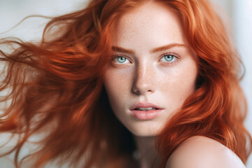 Naklejka premium portrait of a young woman with bright red hair color and hairstyle. Banner or poster. Social media content for beauty salons. hair dye color in the catalog. Generative AI