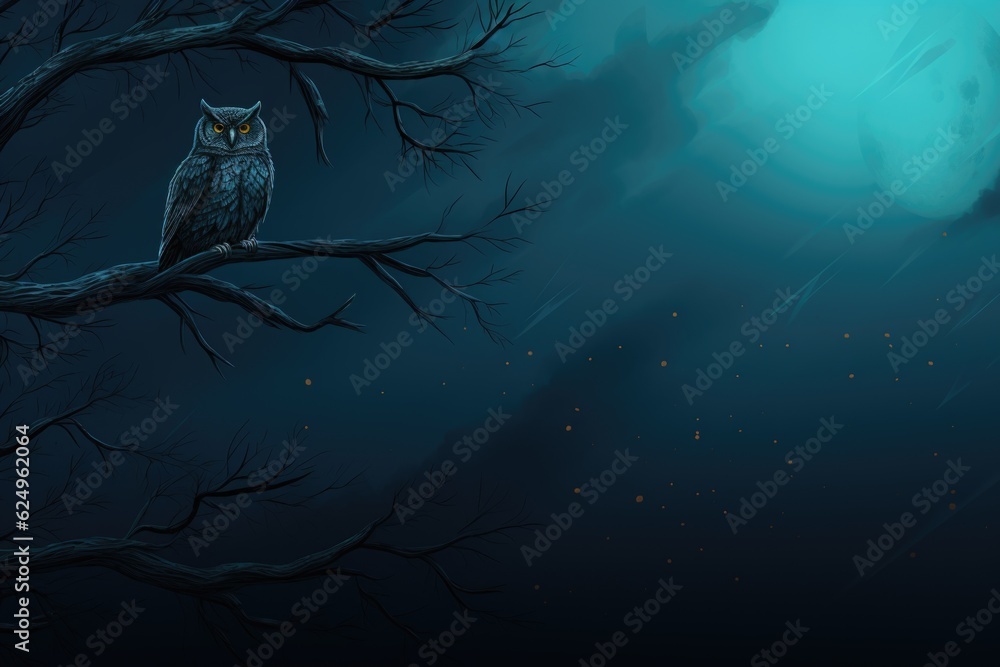 Poster an owl sitting on a tree branch in front of a full moon. generative ai.