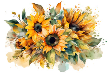 watercolor bouquet of sunflowers isolated on transparent background, generative ai