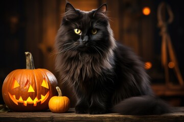 A black cat sitting next to a carved pumpkin. Generative AI.
