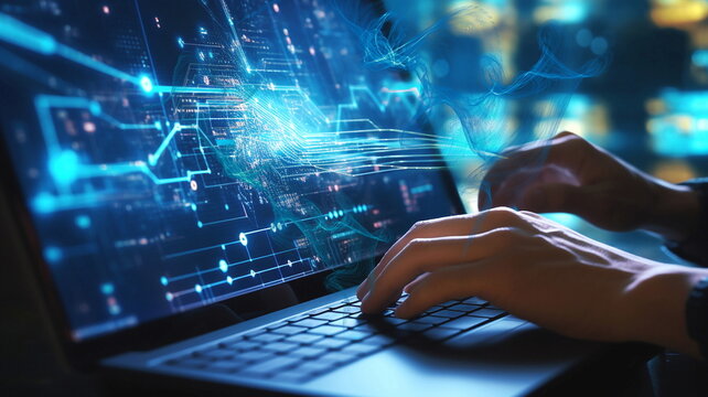   digital technologies Informatics, programming, hands of programmer on a laptop keyboard, working panel, virtual computer,