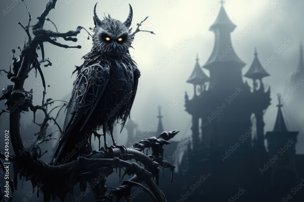Poster an owl perched on a branch in front of a castle. generative ai.