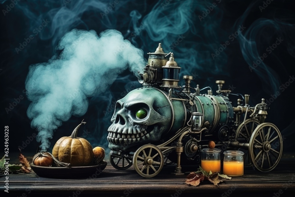 Poster a steam engine train with a skull on it. generative ai.