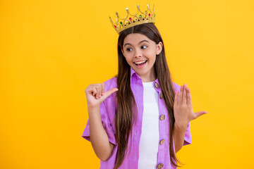 teen girl look selfish in the crown. princess crown fashion. teen girl winner of crown. selfish and...