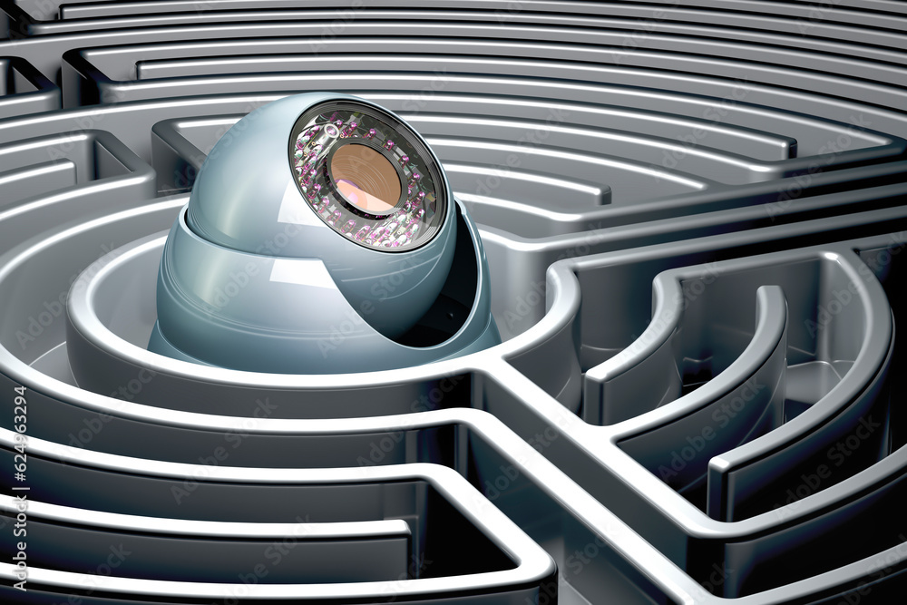 Poster dome security camera inside labyrinth maze. 3d rendering