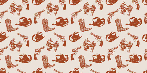 Cowboy Western Boho Warm Earthy Colors Vector Pattern, Different assets revolver, Cowboy boots, Horse saddle, Cowboy hat	 - 624963203