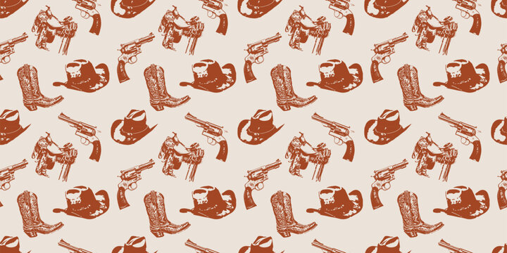 Cowboy Western Boho Warm Earthy Colors Vector Pattern, Different assets revolver, Cowboy boots, Horse saddle, Cowboy hat	