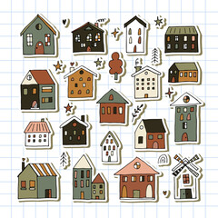 Set of hand drawn houses. Stickers. Collection of sketched buildings. Doodle retro style