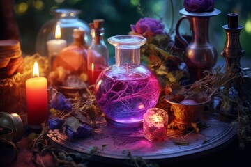 Obraz na płótnie Canvas Enchanting brew of vibrant sorcery on wooden table, Generative AI
