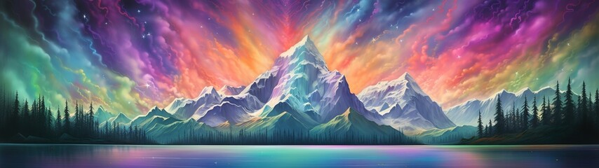 Magic mountain landscape with colorful night sky. Generative AI