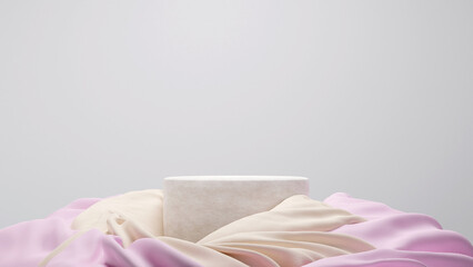 3D Rendered Podium on Tangled Fabric with Soft Pastel Color for Product Display or Product Presentation