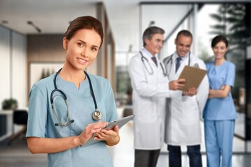 Fototapeta premium Young healthcare doctor hold digital tablet for research