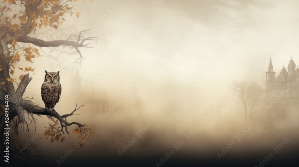 Poster an owl sitting on a branch in front of a castle. generative ai.