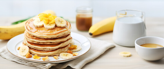 A stack of oatmeal banana pancakes with fresh banana slices, walnuts and honey on top and a cup of tea on a white wooden background. A healthy breakfast. Copy space - obrazy, fototapety, plakaty