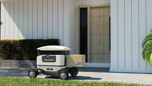 Food delivery robot is driving delivers to the front of the house quickly.