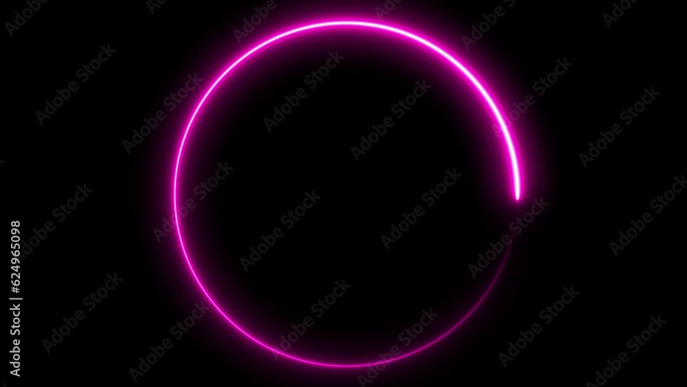 Poster circle shape frame pink color glowing fluorescent neon lights and loop animation on black screen. 3d