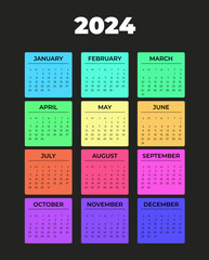 Calendar 2024, week starts from Sunday, on black background black text on colored strips, template, vector. bright design.