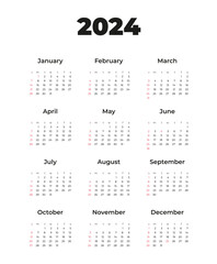 Calendar 2024, week starts on Sunday, on white background, template, vector.
