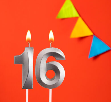 Birthday candle number 16 - Invitation card in orange background