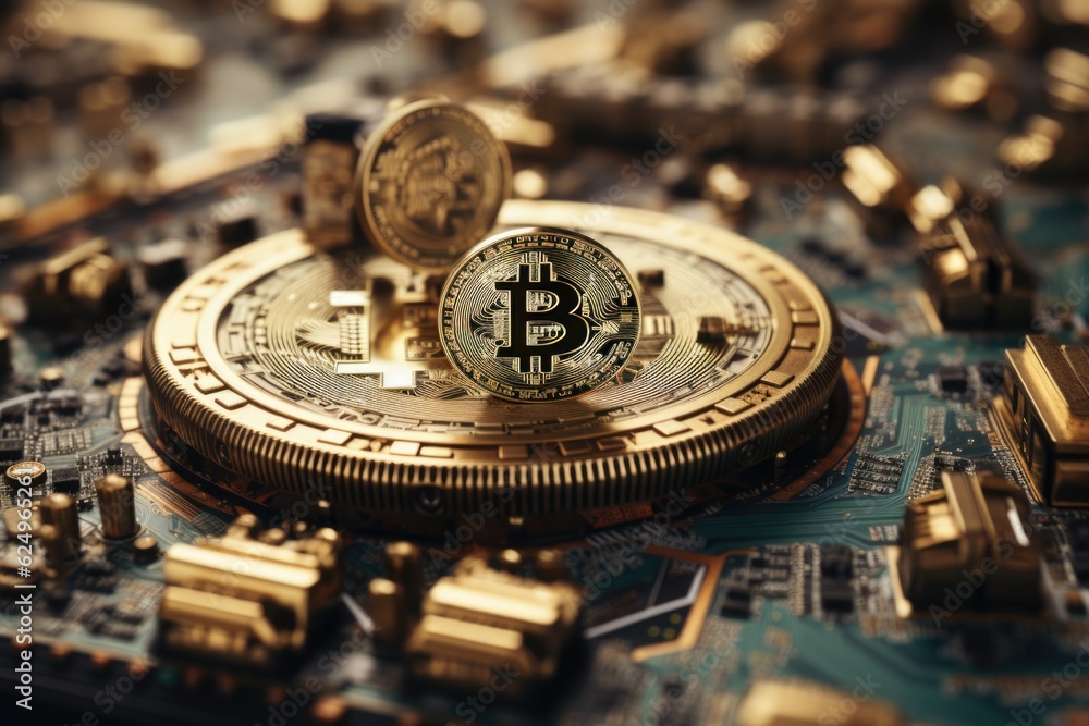 Aufkleber a bit coin sitting on top of a computer motherboard. generative ai.