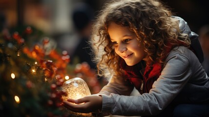 Naklejka premium A little girl holding a snow globe in her hands. Generative AI.