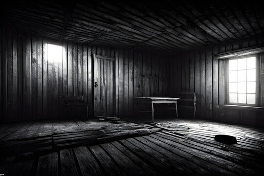 Inside a dark abandoned wooden shack at night with no lights. Generative AI