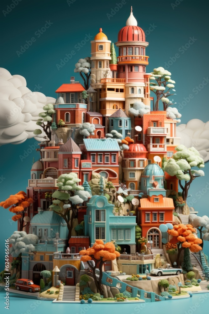 Aufkleber a very tall building with a lot of trees on top of it. generative ai.